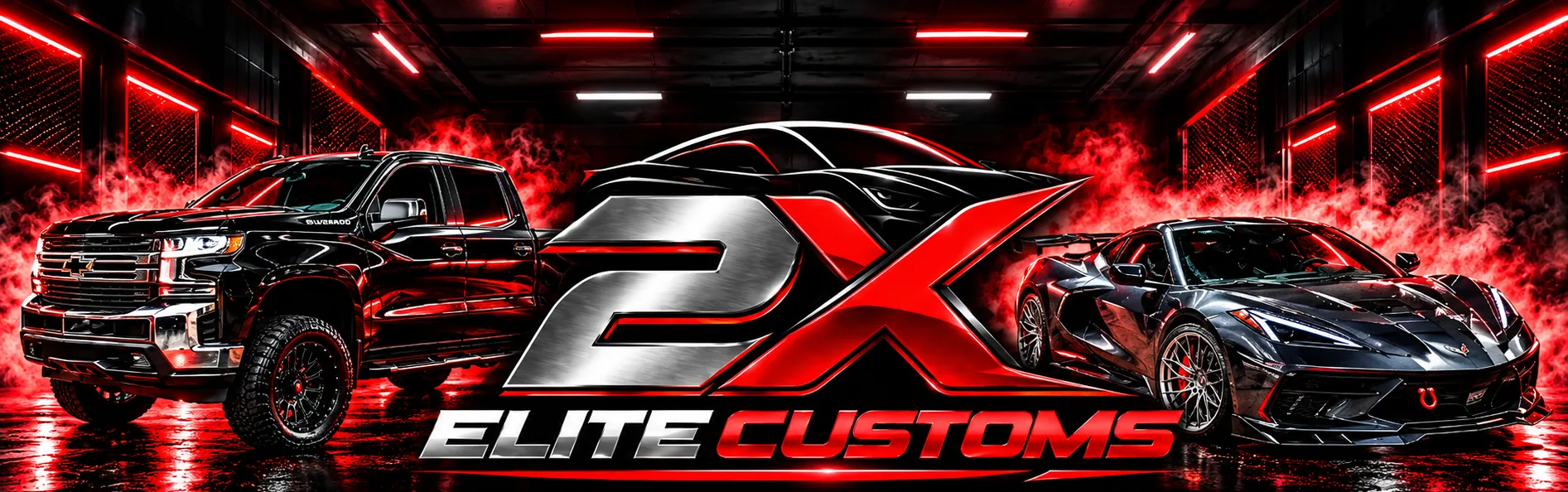 The 2X Elite Customs logo between a black Chevrolet Silverado and a C8 Corvette in a red-lit garage