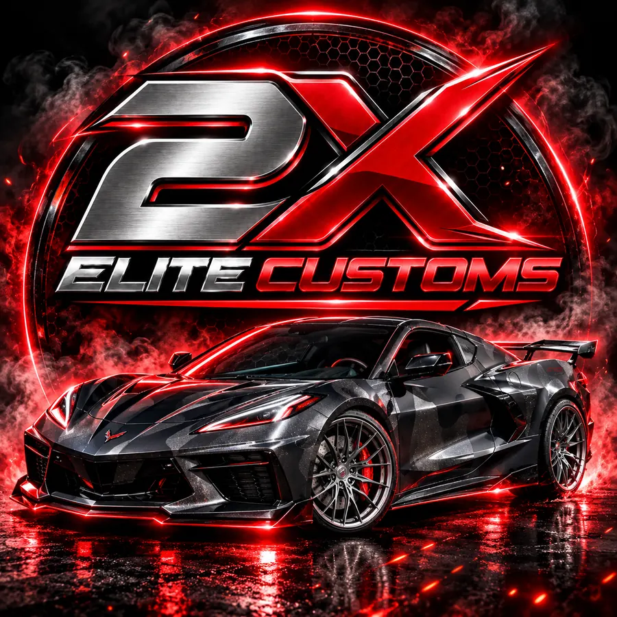 2X Elite Customs logo artwork with a camo-wrapped C8 Corvette